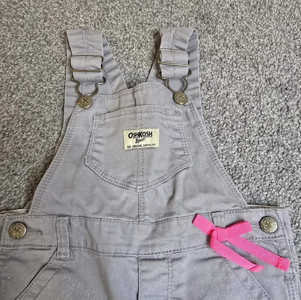 OshKosh B'Gosh Sparkly Grey Twill Pink Ribbon 24 Month Overalls